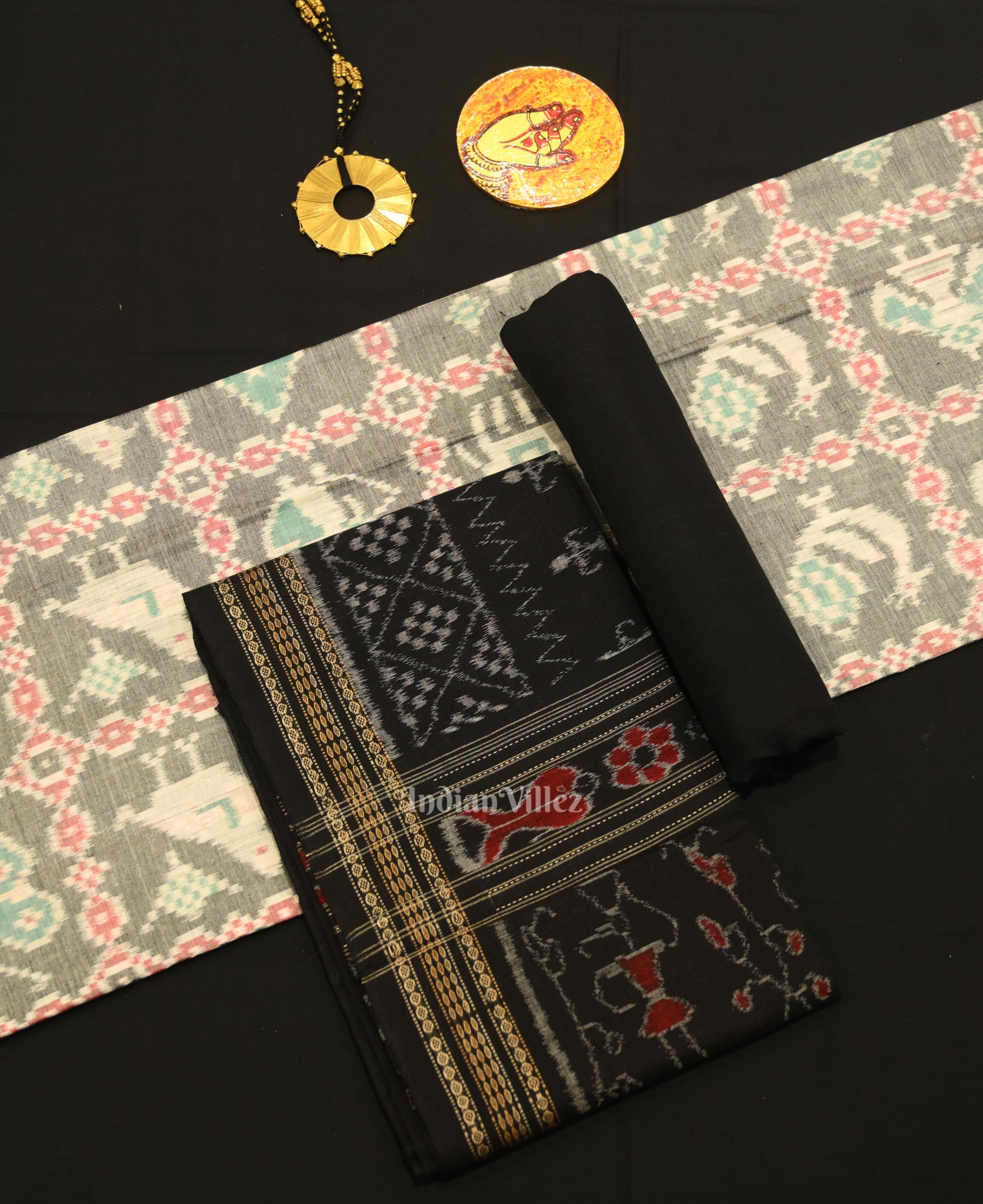 Cement Gray Black Odisha Ikat Sambalpuri Dress Set & Dupatta