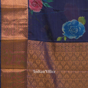 Blue Floral Digital Print Kanjivaram Silk Saree