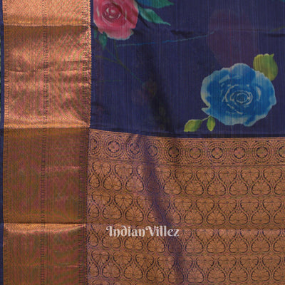 Blue Floral Digital Print Kanjivaram Silk Saree