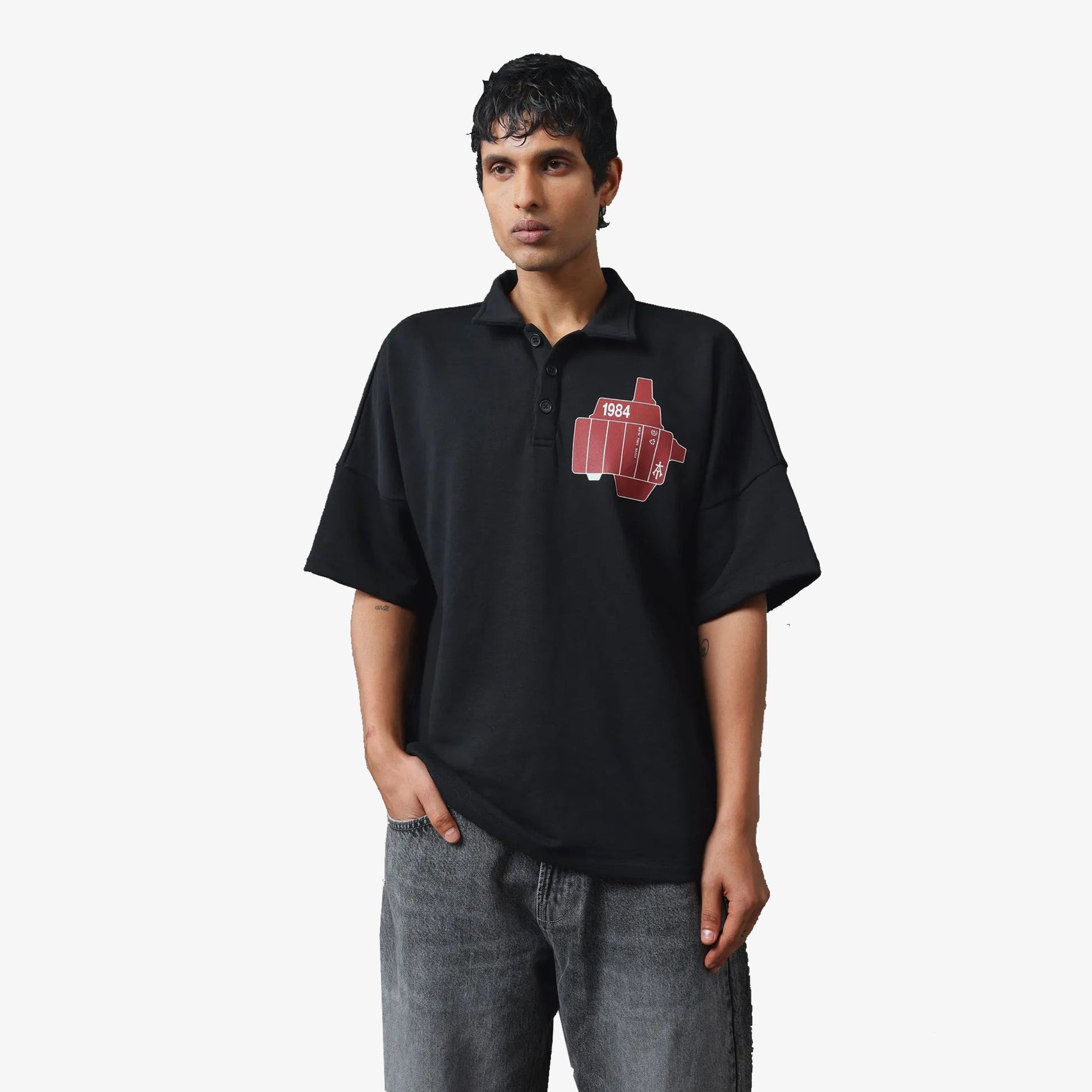 ALMOST GODS | ASSEMBLAGE BOXY POLO { BLACK