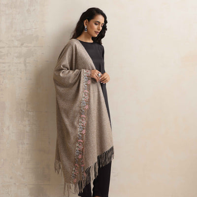 trueBrowns Beige Embroidered Woollen Stole