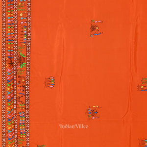 Orange Tribal Theme Hand-Painted Pattachitra Saree