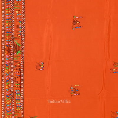 Orange Tribal Theme Hand-Painted Pattachitra Saree