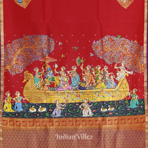 Red Radha Krishna Boita Theme Hand-Painted Pattachitra Saree