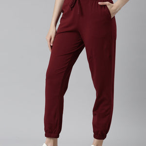 Women Solid Maroon Mid Rise Casual Joggers