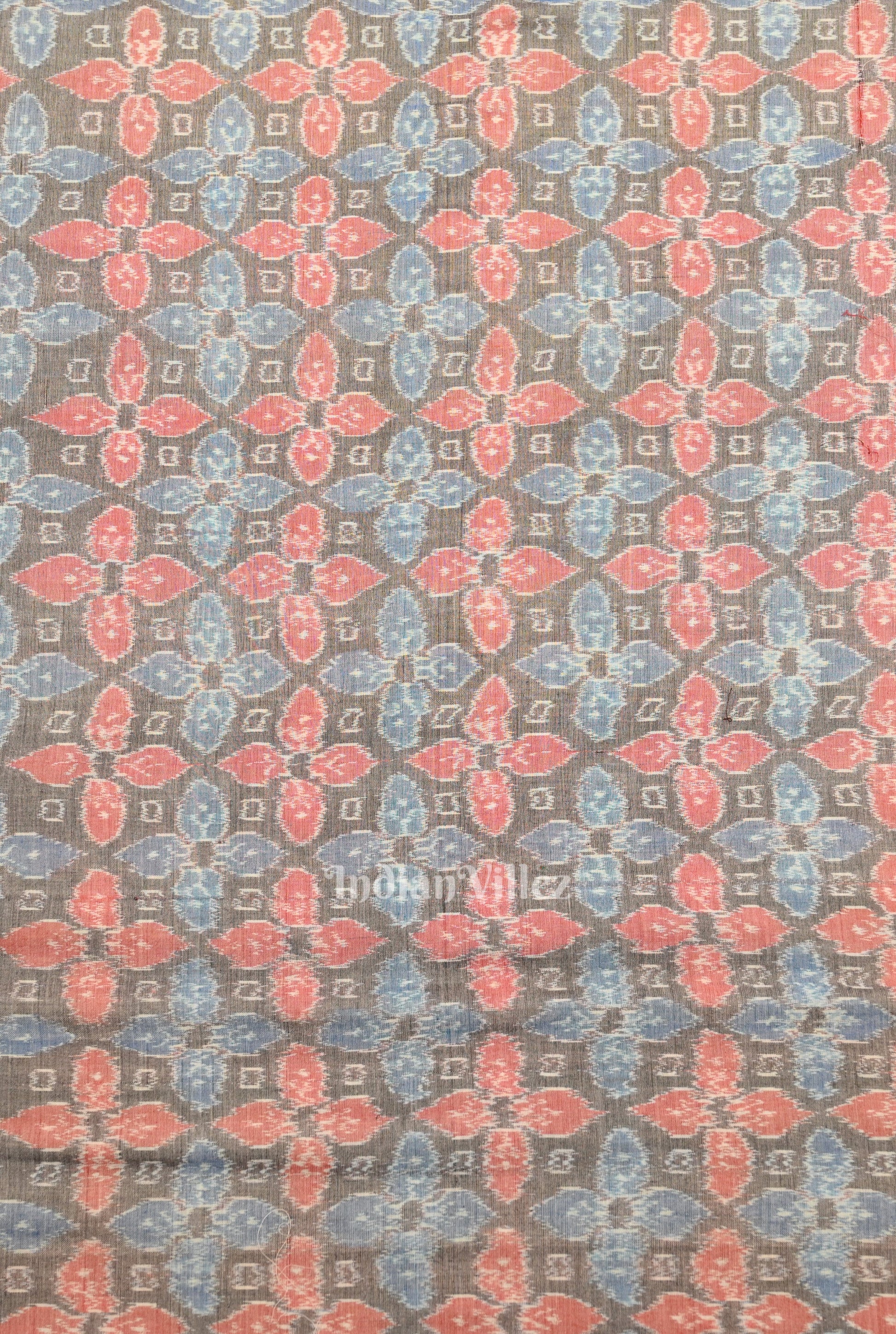 Cement Black Floral Motif Sambalpuri Ikat Cotton Fabric