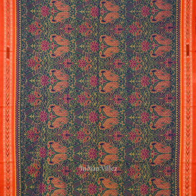 Green Lotus & Peacock Theme Sambalpuri Cotton Saree