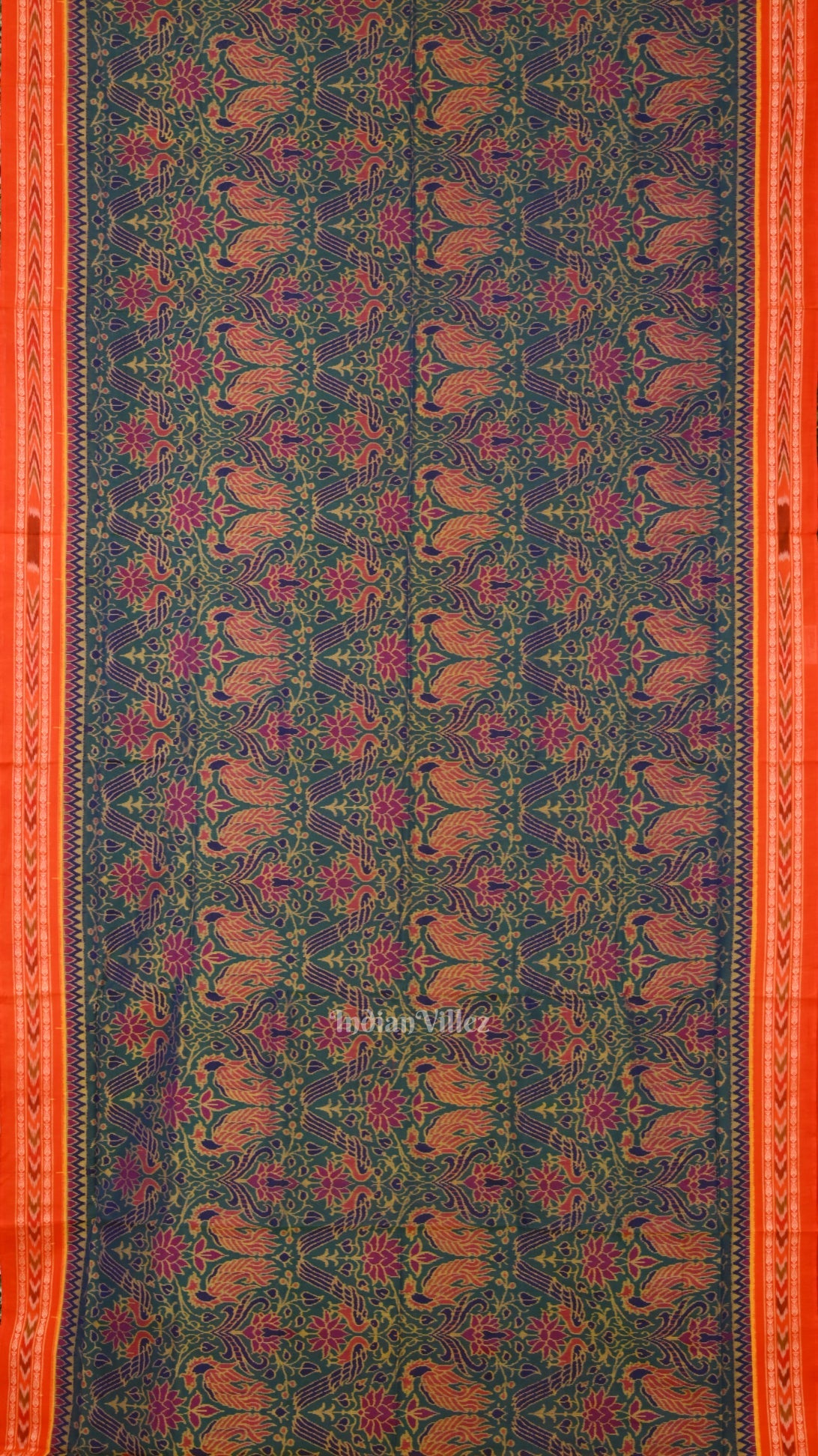 Green Lotus & Peacock Theme Sambalpuri Cotton Saree