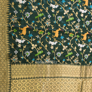 Dark Green Vintage Shikargah Theme Tussar Khaddi Georget Banarasi Saree