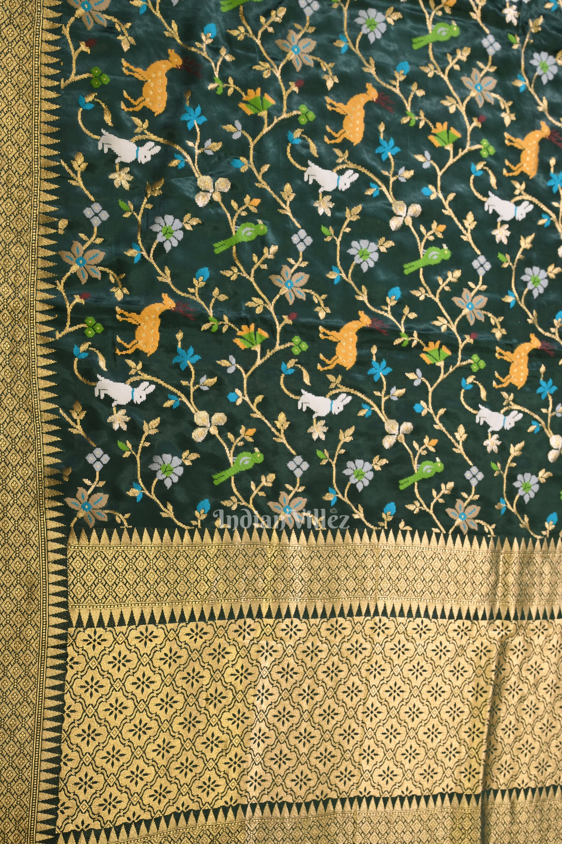 Dark Green Vintage Shikargah Theme Tussar Khaddi Georget Banarasi Saree