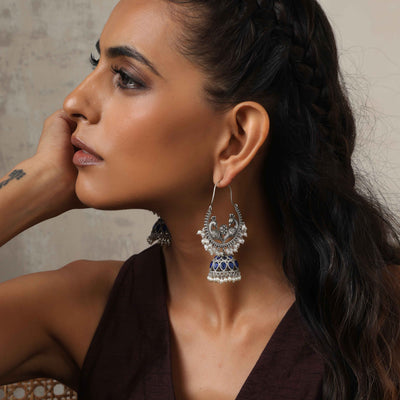 trueBrowns Silver Tone Peacock Jhumka Earrings