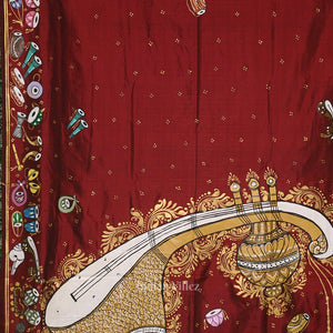 Maroon Sitar Instrument Pattachitra Silk Saree