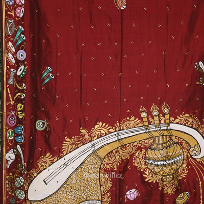 Maroon Sitar Instrument Pattachitra Silk Saree