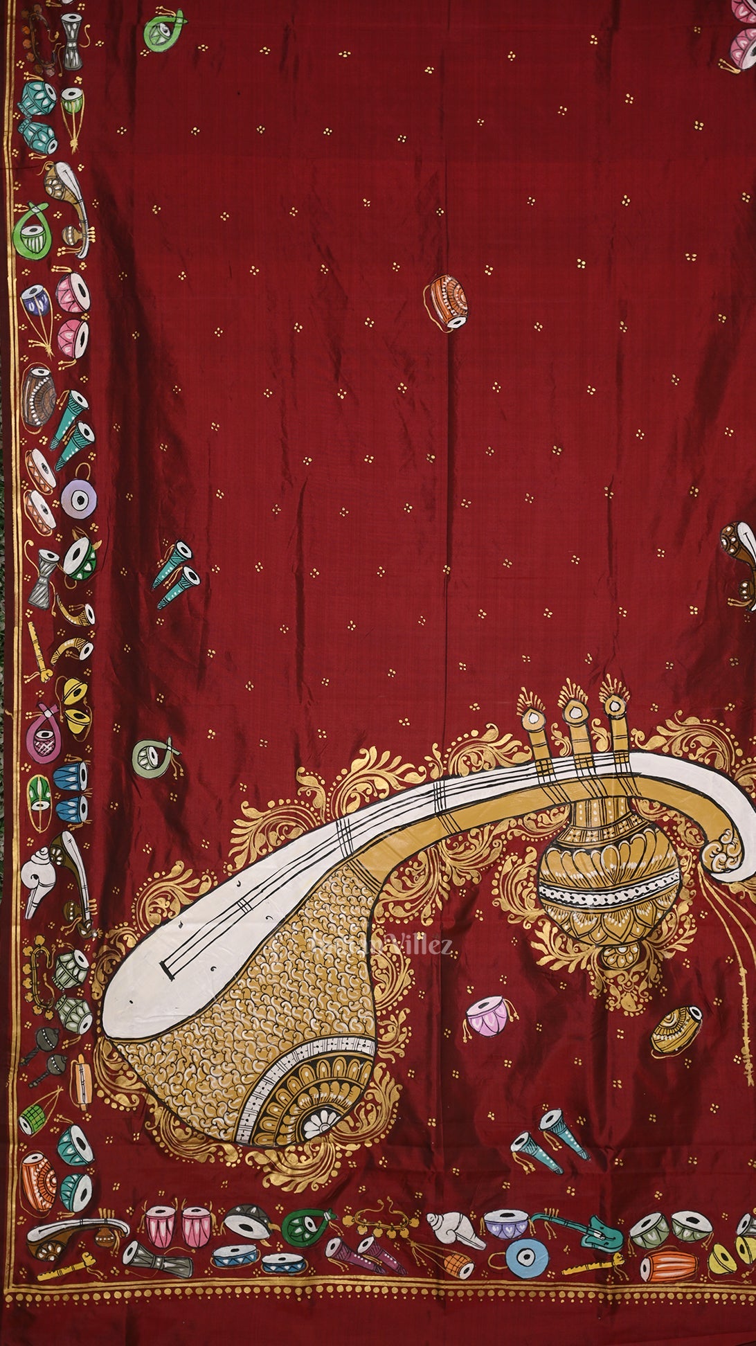 Maroon Sitar Instrument Pattachitra Silk Saree
