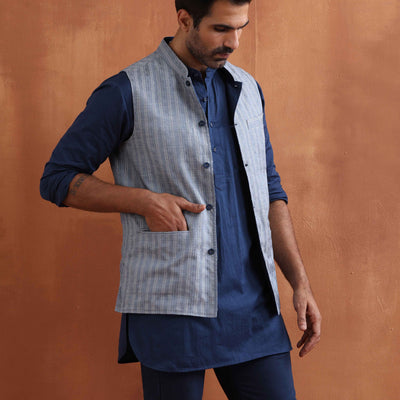 trueBrowns Men's Blue Chanderi Reversible Nehru Jacket