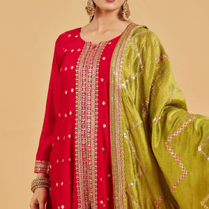 Bright Red Anarkali Set With Lime Green Dupatta