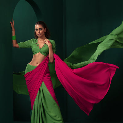 trueBrowns Green Pink Muslin Silk Ready To Wear Saree