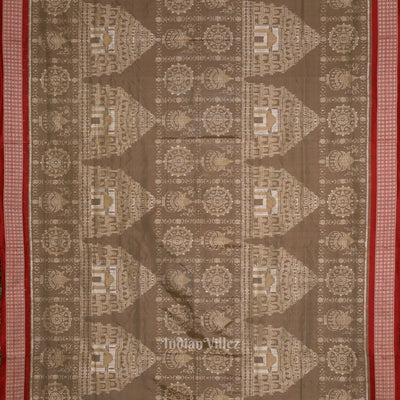 Beige Cream Red Konark Theme Odisha Ikat Sambalpuri Silk Saree