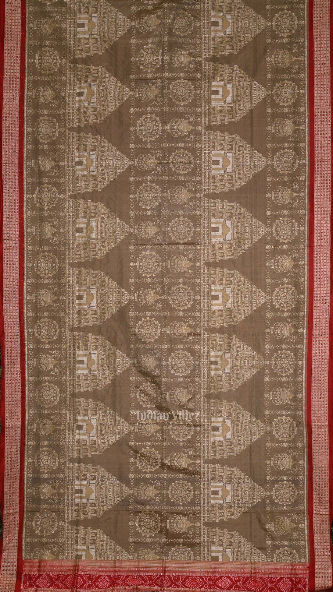 Beige Cream Red Konark Theme Odisha Ikat Sambalpuri Silk Saree