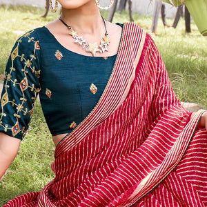 Cherry Red Leheriya Printed Chiffon Saree
