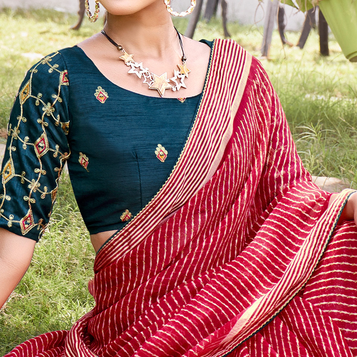 Cherry Red Leheriya Printed Chiffon Saree