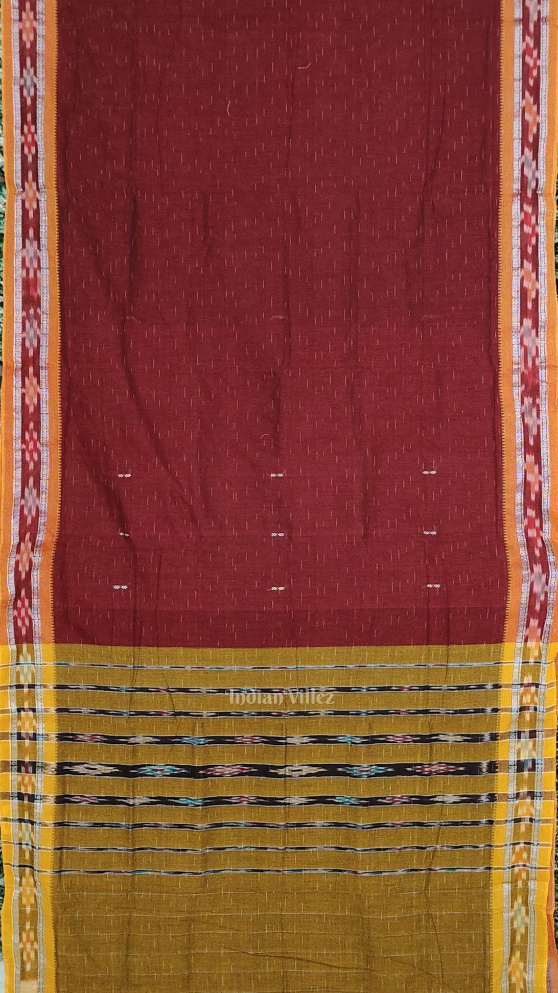 Maroon Yellow Odisha Ikat Maniabandha Cotton Saree