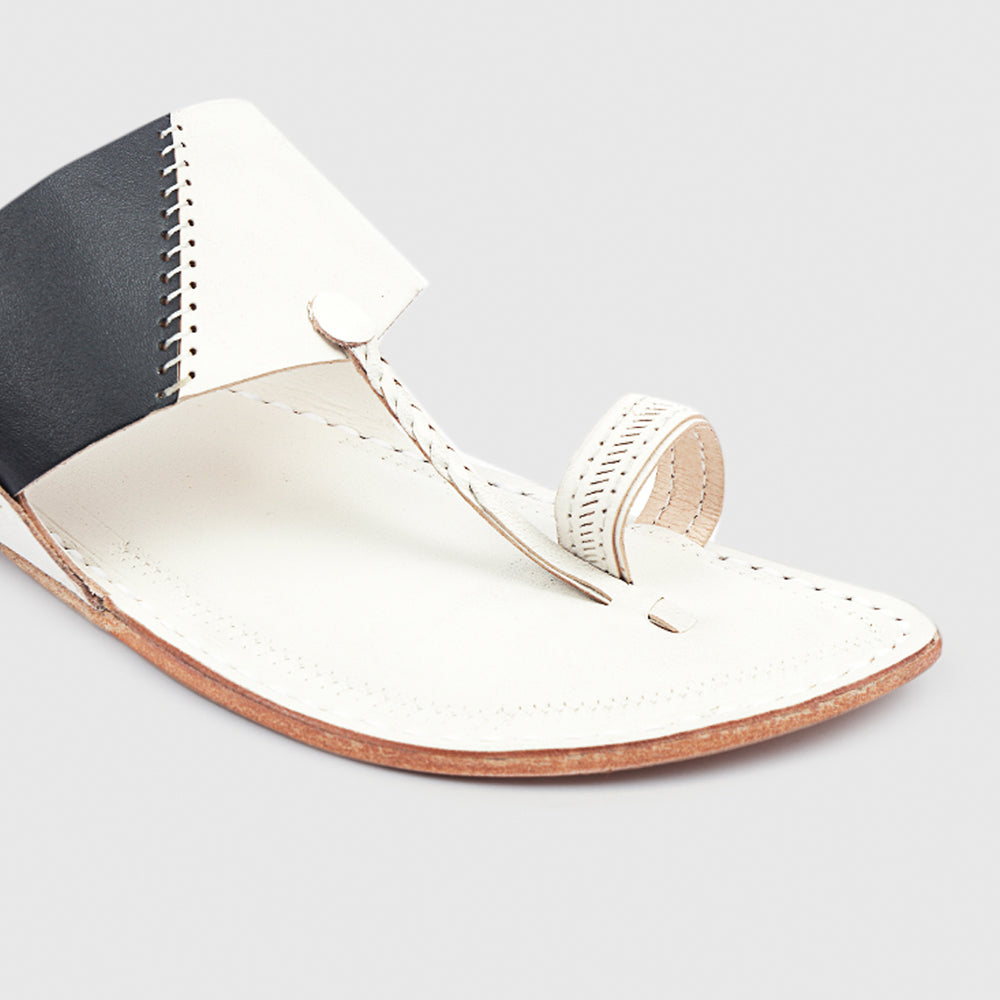Black and White Handstitched Leather Kolhapuri Men Slipper