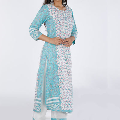 Hand block printed cotton paneled Kurti with pants