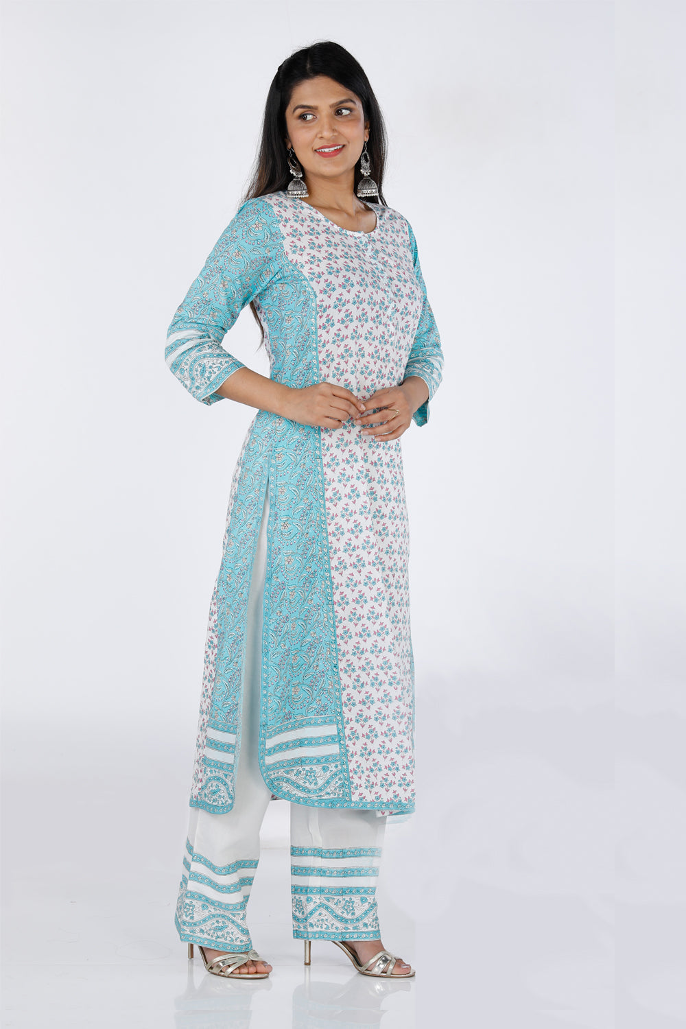 Hand block printed cotton paneled Kurti with pants