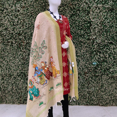 Cream Parrot Green Radha Krishna  Hand-Painted Tussar Pattachitra Dupatta