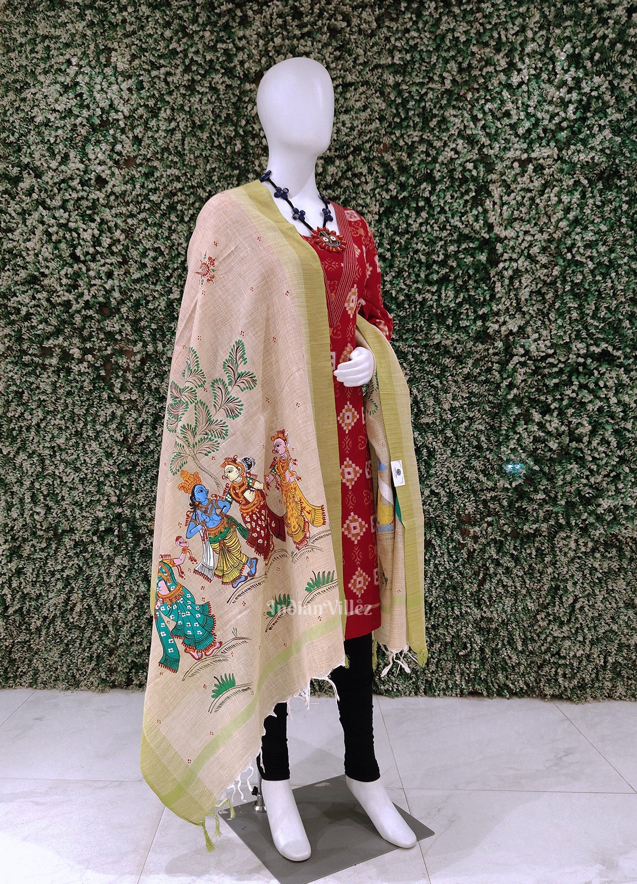 Cream Parrot Green Radha Krishna  Hand-Painted Tussar Pattachitra Dupatta