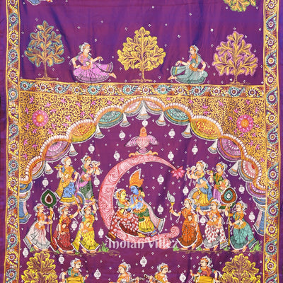 Purple Dual Tone Ardha Chandra  Krishna Rasa Leela Hand-Painted Pattachitra Saree