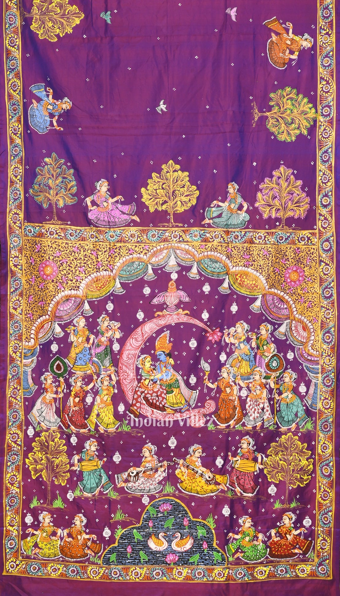 Purple Dual Tone Ardha Chandra  Krishna Rasa Leela Hand-Painted Pattachitra Saree