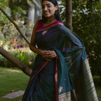 Teal Handloom Kanchi Cotton Saree With Yazhi Buttas