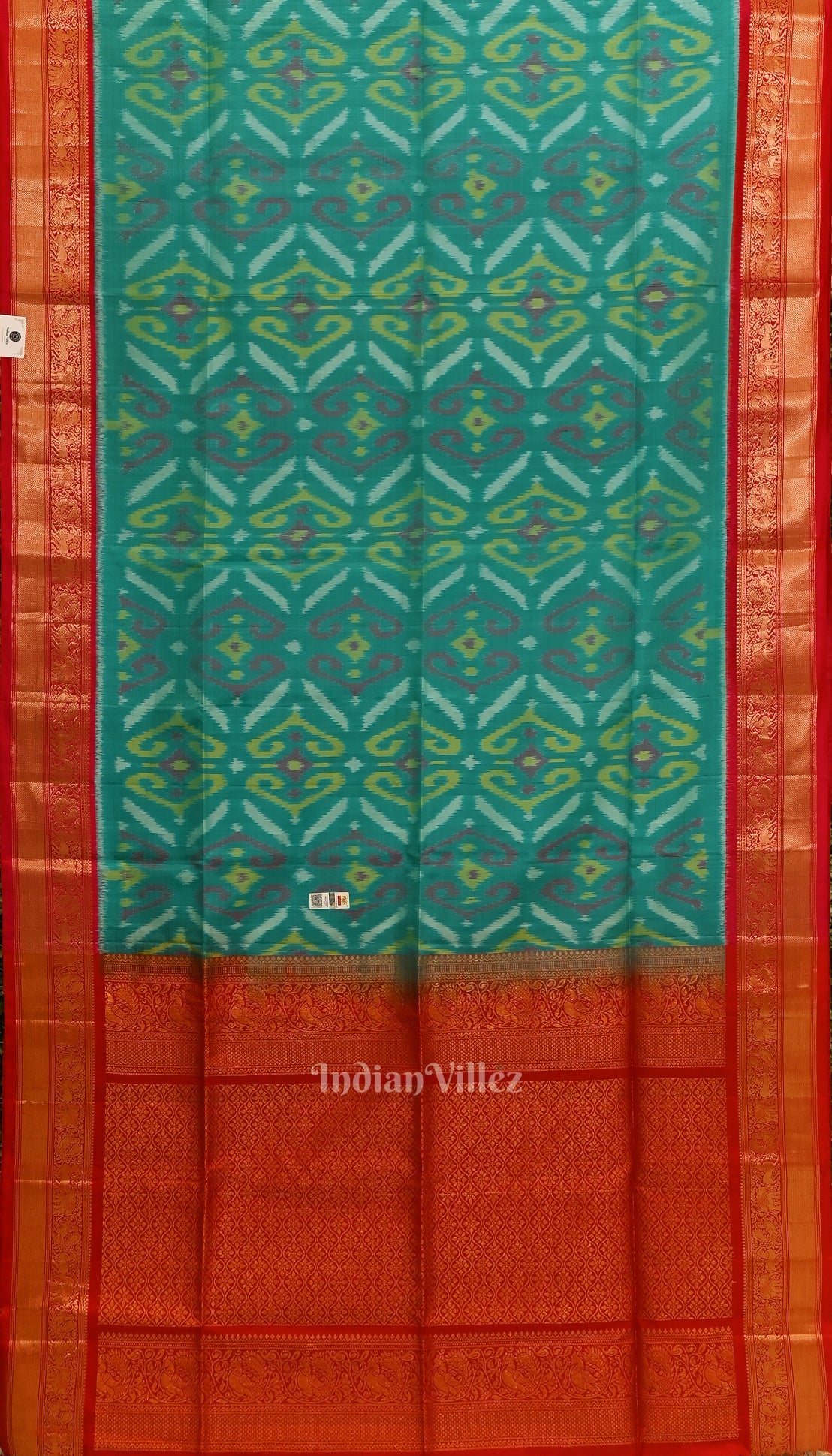 Aqua Blue with Red Pochampally Ikat Silk Saree