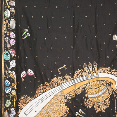 Black Sitar Instrument Hand-Painted Pattachitra Saree