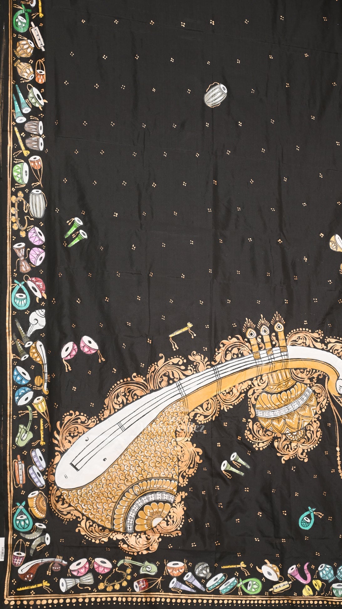 Black Sitar Instrument Hand-Painted Pattachitra Saree
