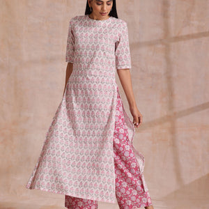 Pink Green Floral On White Block Print Cotton Slit Kurta Pant Set | Relove