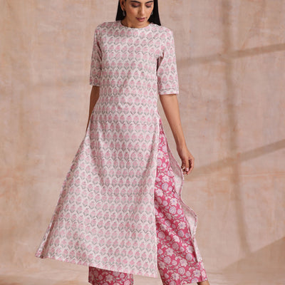 Pink Green Floral On White Block Print Cotton Slit Kurta Pant Set | Relove