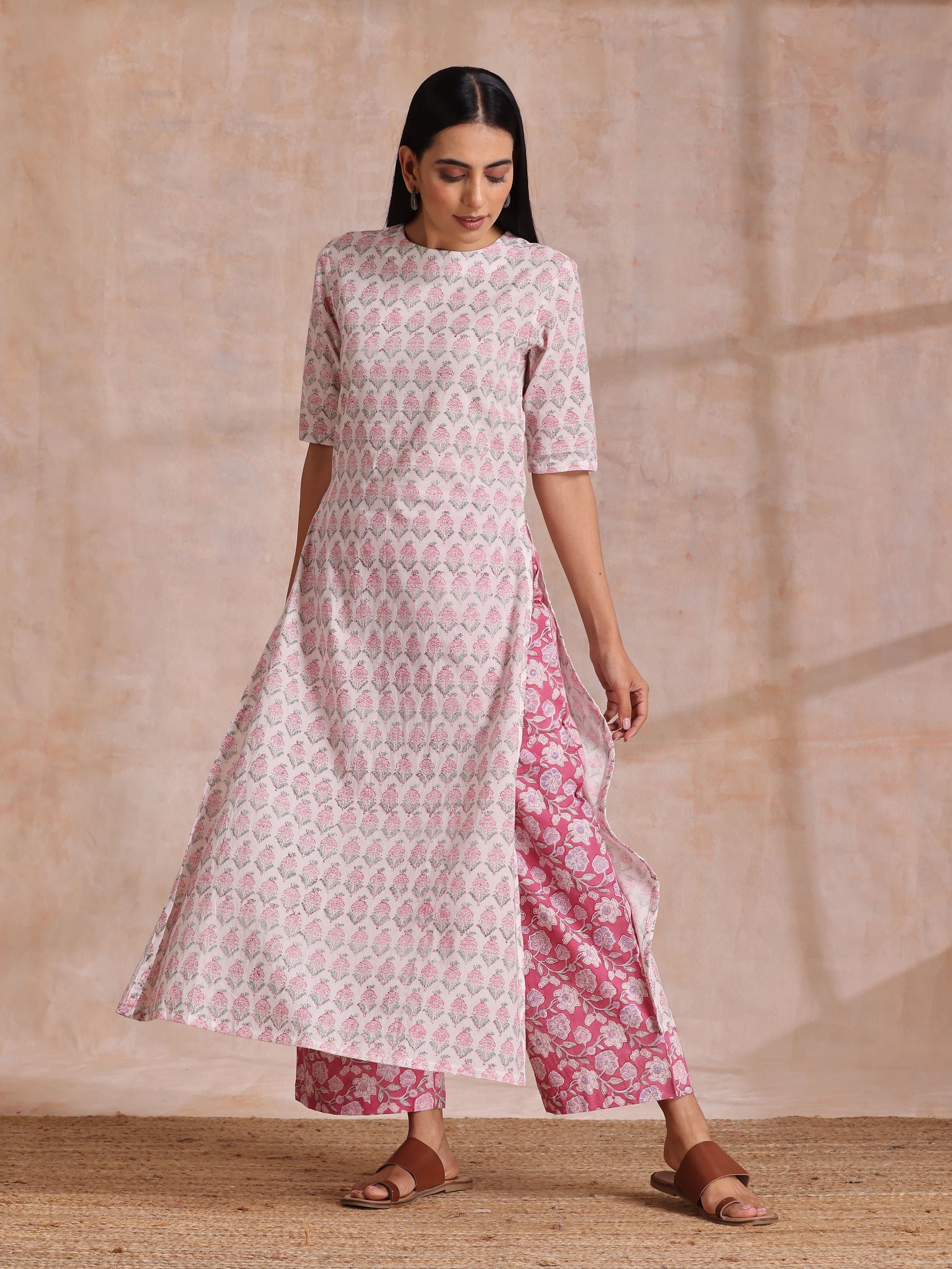 Pink Green Floral On White Block Print Cotton Slit Kurta Pant Set | Relove