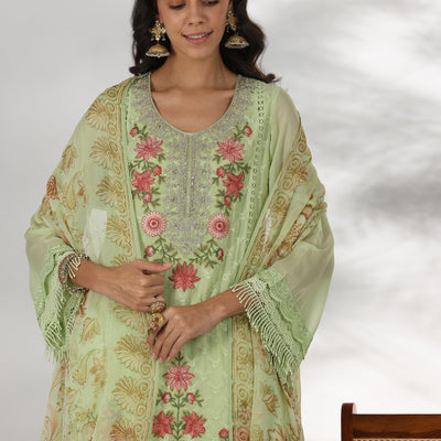 Green Embroidered Organza Straight Suit With Dupatta