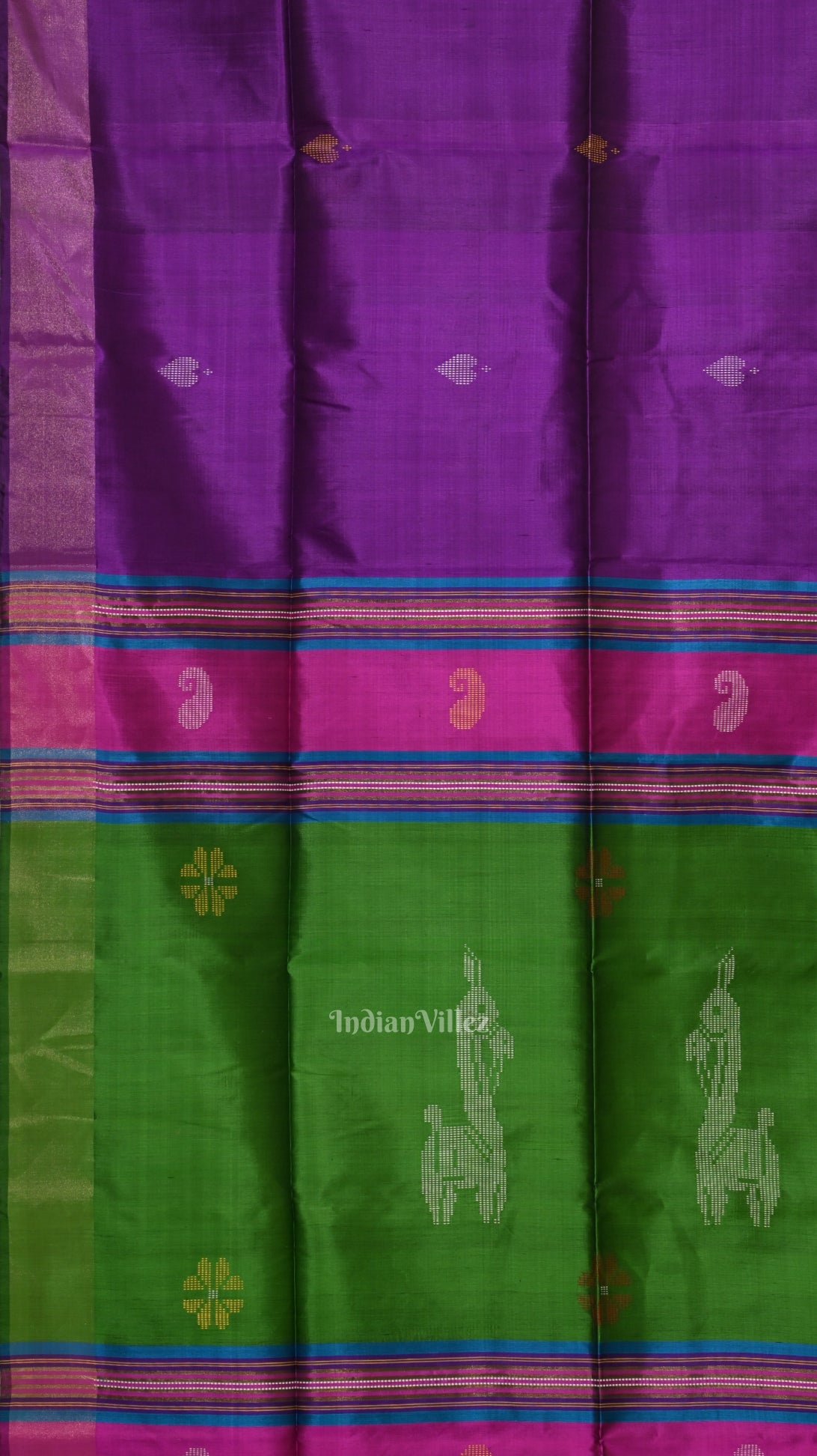 Purple Green Pure Bishnupuri Silk Saree with Tissue Anchal