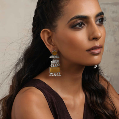 trueBrowns Silver Tone Yellow Stone Earrings