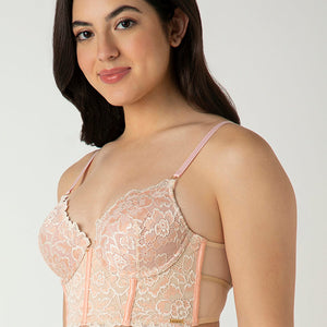 Femme Lace Padded Non-Wired Longline Bra - Dusty Pink