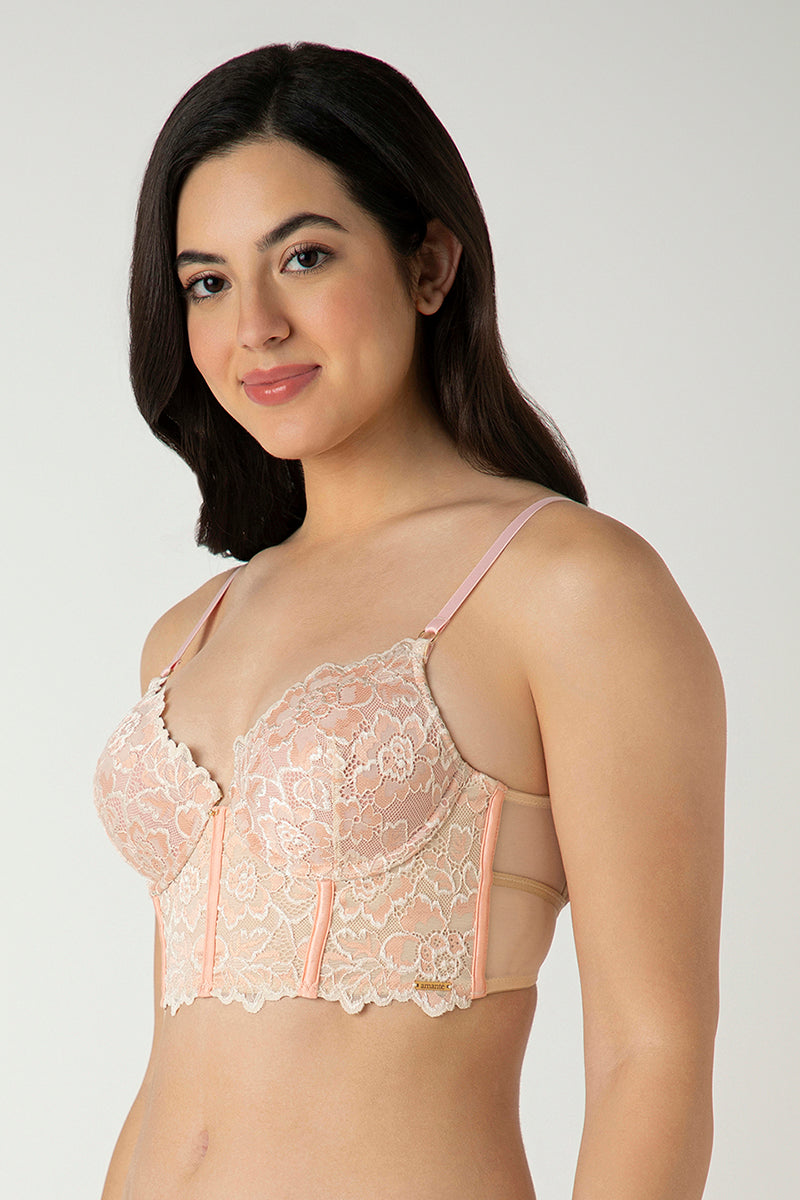 Femme Lace Padded Non-Wired Longline Bra - Dusty Pink