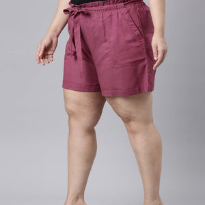 Women Solid Plum High Rise Linen Shorts