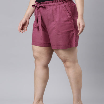 Women Solid Plum High Rise Linen Shorts