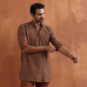 trueBrowns Men's Brown Cotton Dobby Short Kurta