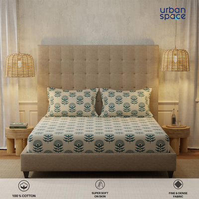 Serene 200 TC 100% Cotton Bedsheet with Pillow Covers - Florabell Blue