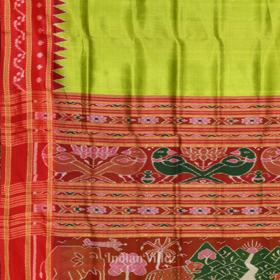 Parrot Green with Red Butta Design Odisha Ikat Khandua Silk Saree